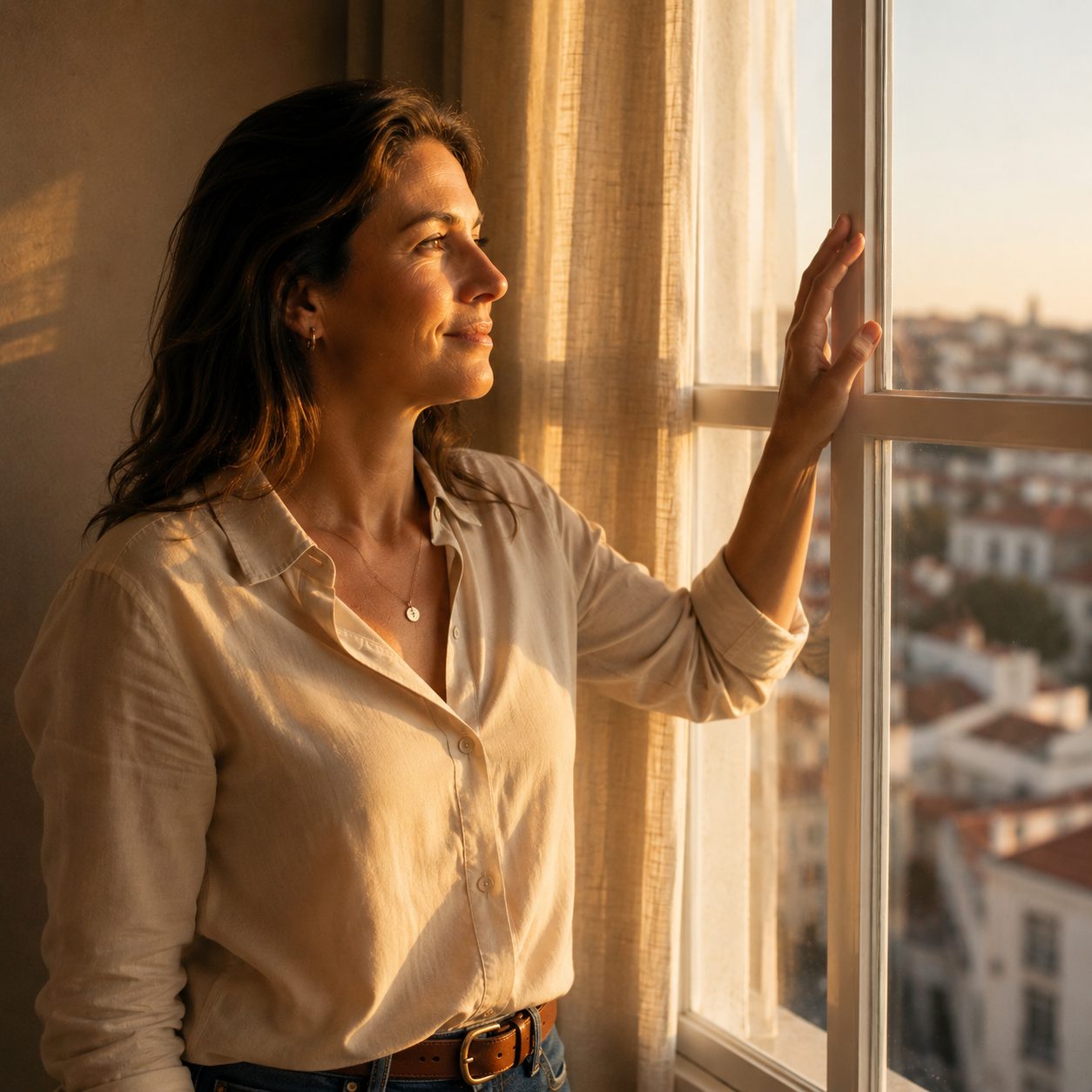 Adulta junto a uma janela alta, a olhar para fora, luz quente de fim de tarde