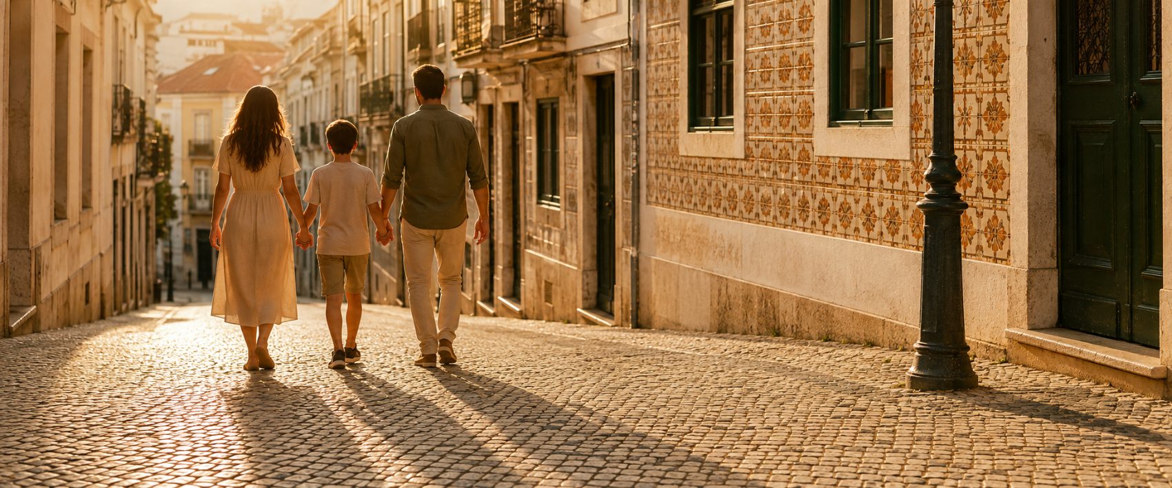 Família a caminhar de mãos dadas por uma rua de calçada portuguesa ao fim da tarde